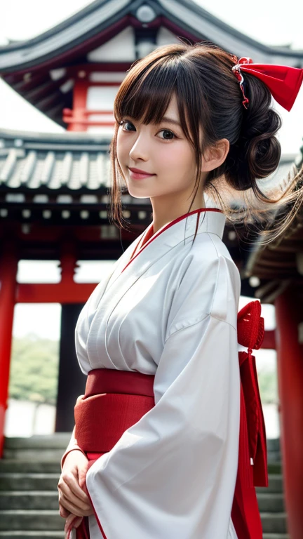 One girl, Hair Bun, hair ornaments, Water leads, (shrine maiden), (Japanese style shrine maiden costume, white haori, Red too:1.4), very cute, Great face and eyes, (Highly detailed beautiful face), (Ultra Realistic), (Highly detailed eyes, Highly detailed hair, Highly detailed face, Highly detailed plump lips), Upper Body, Search for Smile, (Highest quality:1.4), RAW Photos, (Realistic, photo-Realistic:1.37), Professional photography, Cinematic Light, Sacred, shrine, Red Torii Gate,
