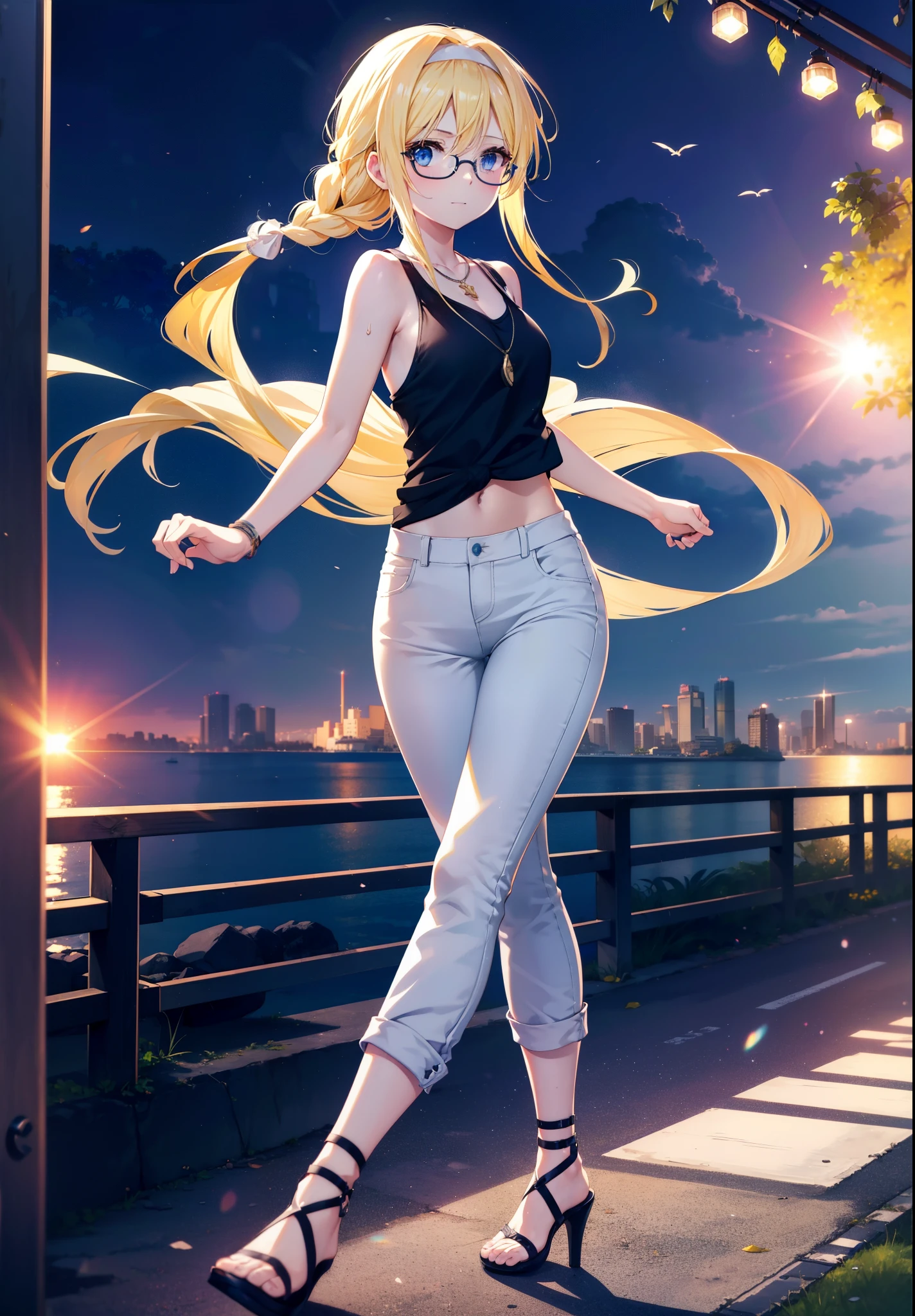 Alicesburg, Alice Zuberg, bangs, blue eyes, Blonde, Hair between the eyes, Very long hair, Braiding, hair band, white hair band,Black-rimmed glasses,Yellow Tank Top,Locket Necklace,skinny pants,Stiletto heels,Walking,morning,morning陽,The sun is rising,whole bodyがイラストに入るように,smile,blush,
break outside, Residential Street,
break looking at viewer, whole body,
break (masterpiece:1.2), Highest quality, High resolution, unity 8k wallpaper, (figure:0.8), (Beautiful attention to detail:1.6), Highly detailed face, Perfect lighting, Highly detailed CG, (Perfect hands, Perfect Anatomy),