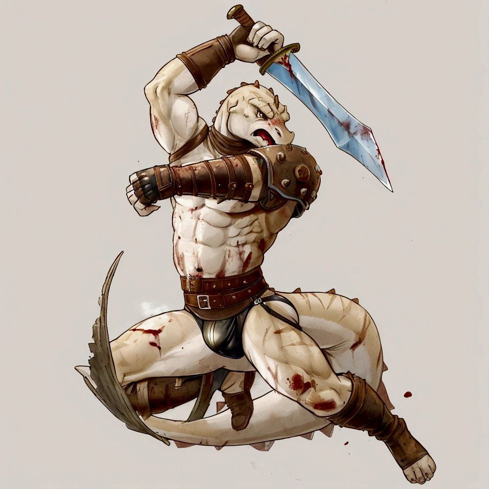 Solo Sexy young anthro scalie reptile dragon male mercenary medieval solider, slim slim muscular, anthro handsome gay shorter muzzle, handsome gay model male apperance, sword scars, worn out leather skimpy armament, low on hips heavy leather belt, old very worn out skimpy dirty linen material jockstrap, old yellow dirty worn out stains on white sawn jockstrap, very visible "x" brown seam pattern on the jockstrap, studded skimpy armlets breastplate armor, skimpy breastplate, leather bondages, fingerless leather gloves, smelly unwashed husk, dirty body look, desert battlefield, standing in sexy fighting position, close view of full character, agressive angry shout, agressive look, angry, blooded sword, blood, blooded armor