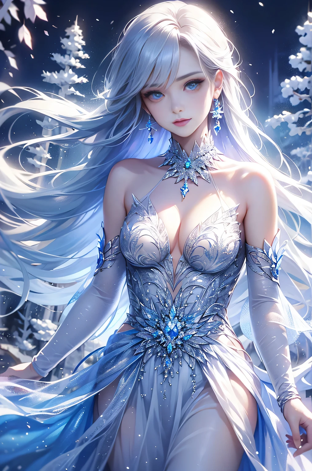 wood, Exquisite mini ice spikes and crystals, A frozen waterfall in the background, Light reflected by ice crystals, Flowing snowflakes、pretty girl,Small and beautiful breasts,Beautiful cleavage、Crystal Dress
