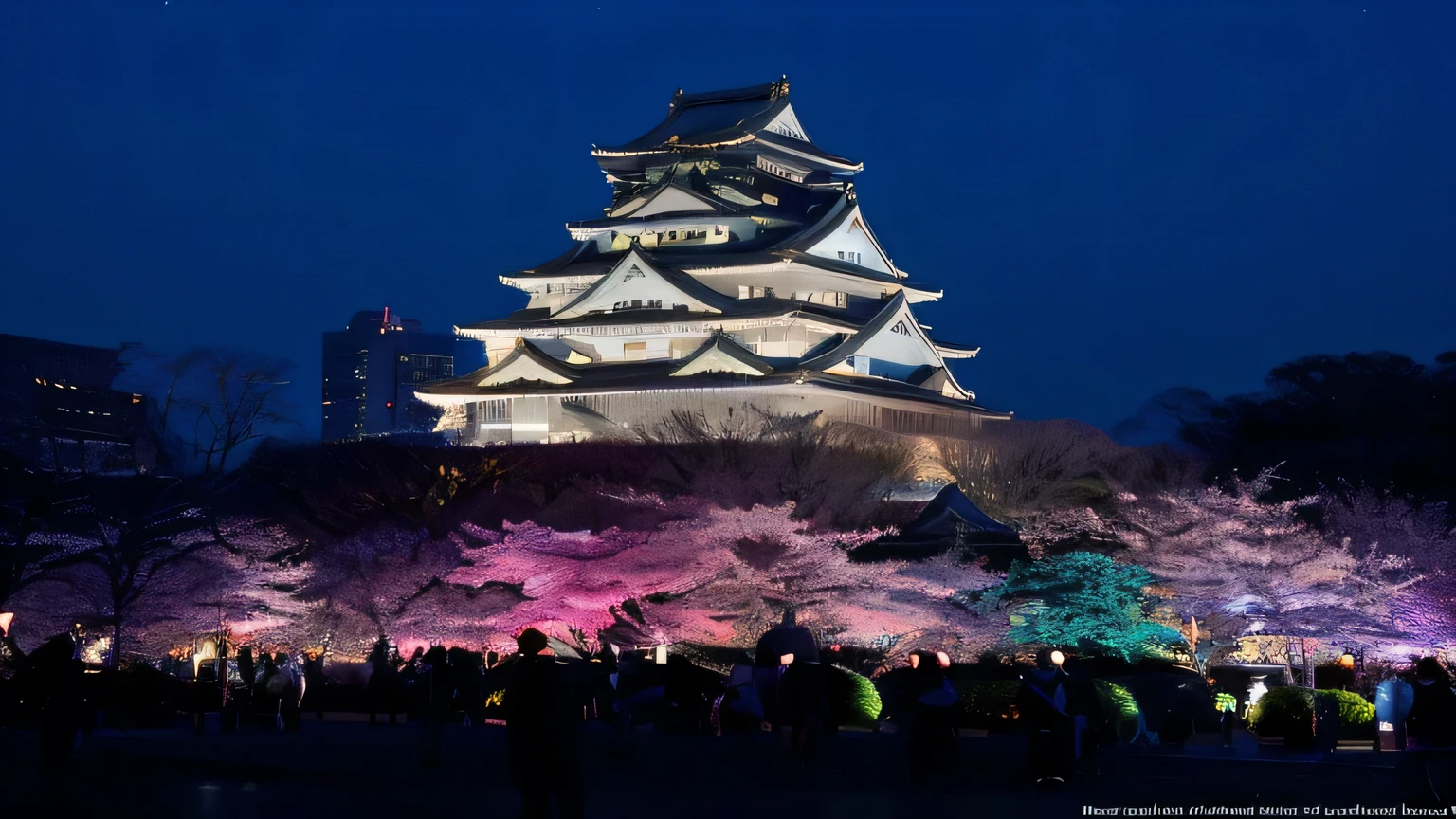 wood々Al-Afed Tower with its clock tower surrounded by, cherry blossoms season dynamic lighting, Japan at night, Japan sightseeing, Japanese temples, Japan travel and tourism, cherry blossoms season, Japanese city at night, cherry blossoms, at night!!, Japanese city, Japanese heritage, Happy!!!, future!!, Japan. Volumetric lighting, Japan travel aesthetic, heroine Japan vivid landscape