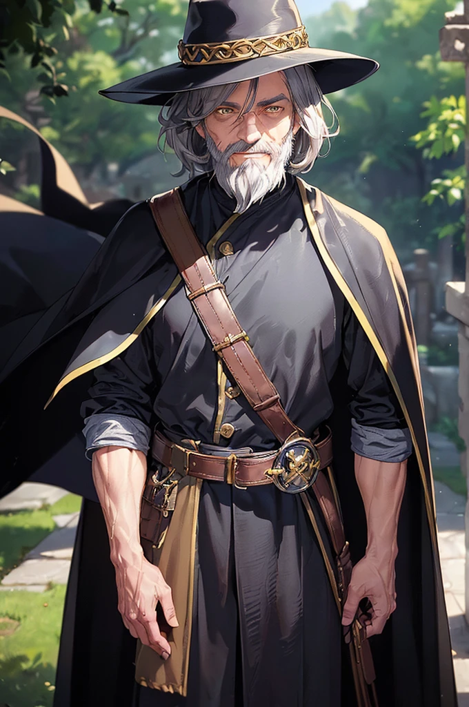 (((masterpiece; best quality: 1.2))), (finely detailed eyes: 1.3), (70 year old man), (solo), (yellow eyes: 1.4), (body; old, toned, masculine: 1.3), (grey hair and beard: 1.3), (beautiful and clear background: 1.2), ((depth of field)), (equipment: wanderer traveler dark attire + long dark robe + dark pants + dark wide-brimmed hat + dark gloves + dark cape + belt + pouches: 1.3), (anime illustration: 1.2), (background composition; royal garden: 1.1), (extremely fine and beautiful: 1.1), (shot composition; standing + centered on torso + close-up: 1.5), (expression; calm, smile: 1.2)