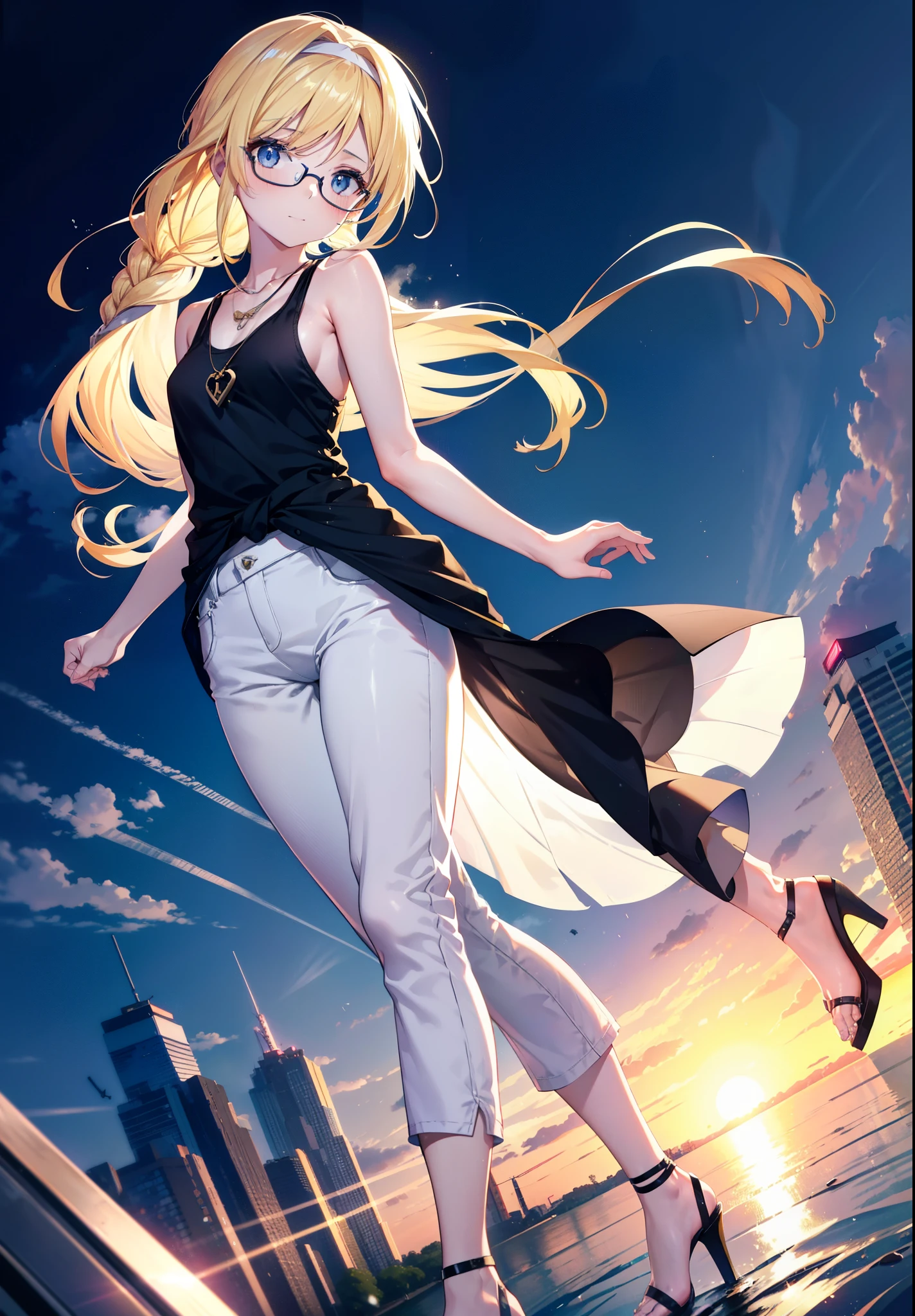 Alicesburg, Alice Zuberg, bangs, blue eyes, Blonde, Hair between the eyes, Very long braid, hair band, white hair band,Black-rimmed glasses,Yellow Tank Top,Locket Necklace,skinny pants,Stiletto heels,Walking,morning,morning陽,The sun is rising,whole bodyがイラストに入るように,smile,blush,
break outside, Residential Street,
break looking at viewer, whole body,
break (masterpiece:1.2), Highest quality, High resolution, unity 8k wallpaper, (figure:0.8), (Beautiful attention to detail:1.6), Highly detailed face, Perfect lighting, Highly detailed CG, (Perfect hands, Perfect Anatomy),