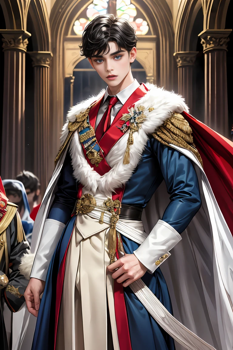 masterpiece, 最high quality, high quality, 1 boy, alone, Male focus, Watching the audience, Messy black hair, Adorable big blue eyes, White people, Noble, Noble,Sexy voluminous cape、vampire、A very voluminous, large, very large, very large, long, long red and black cape with a high stand-up collar, made of a lot of fabric that reaches down to the floor., ,Cute beautiful boys,Cute, cute, kind, handsome guy