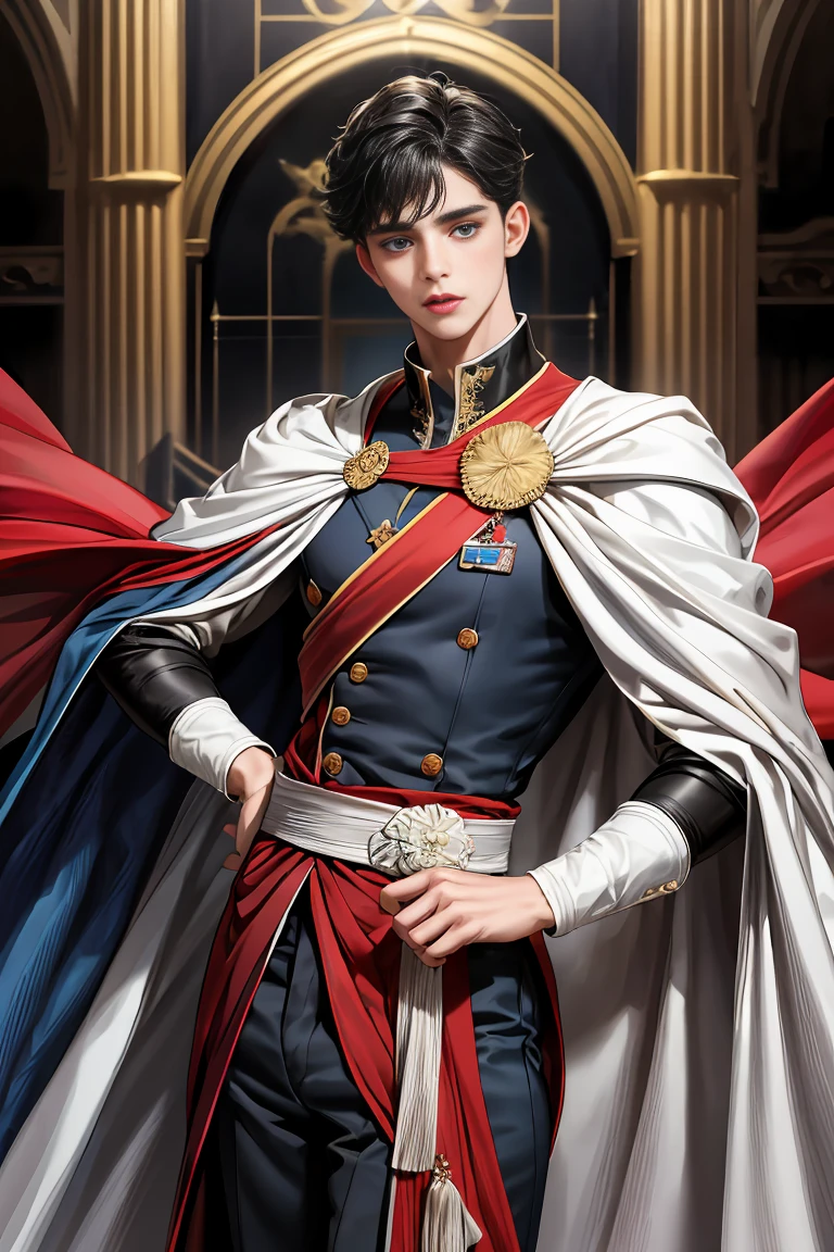 
masterpiece, 最high quality, high quality, 1 boy, alone, Male focus, Watching the audience,  Messy black hair, Adorable big blue eyes, White people, Noble, Noble,Sexy voluminous cape、vampire、A very voluminous, large, very large, very large, long, long red and black cape with a high stand-up collar, made of a lot of fabric that reaches down to the floor., 17 years old,Cute beautiful boys,Cute, cute, kind, handsome guy