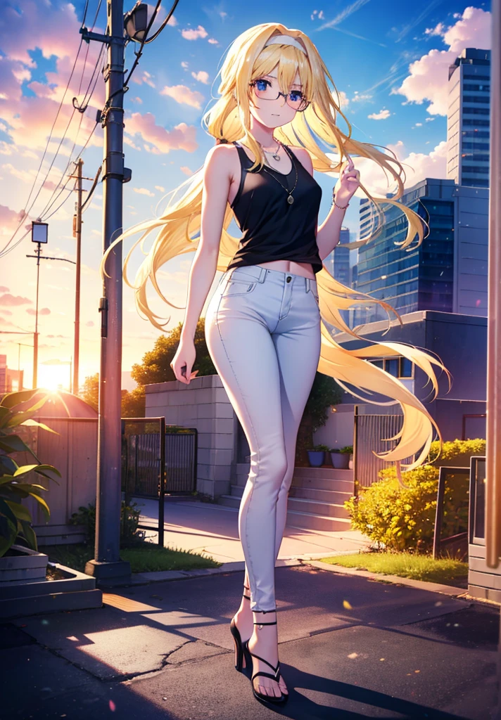 Alicesburg, Alice Zuberg, bangs, blue eyes, Blonde, Hair between the eyes, Very long hair, Braiding, hair band, white hair band,Black-rimmed glasses,Yellow Tank Top,Locket Necklace,skinny pants,Stiletto heels,Walking,morning,morning陽,The sun is rising,whole bodyがイラストに入るように,smile,blush,
break outside, Residential Street,
break looking at viewer, whole body,
break (masterpiece:1.2), Highest quality, High resolution, unity 8k wallpaper, (figure:0.8), (Beautiful attention to detail:1.6), Highly detailed face, Perfect lighting, Highly detailed CG, (Perfect hands, Perfect Anatomy),