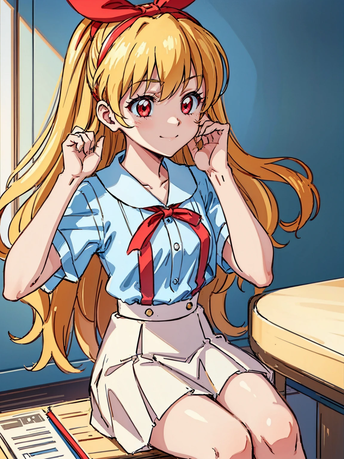 (red ribbon on hairband:1.2),(8K, best quality, muste piece:1.2)、ultra high resolution,1 very cute girl,hosimiya ichigo,ultra-detailed face, detailed eyes,RED eyes,,White sailor collar plain short sleeve shirt,light blue skirt,Light blue suspenders,uniform_red ribbon,Blonde Hair,long hair、detailed hand fingers,hand in own hair,smirk、sitting in a chair,desk in front of her,,classroom