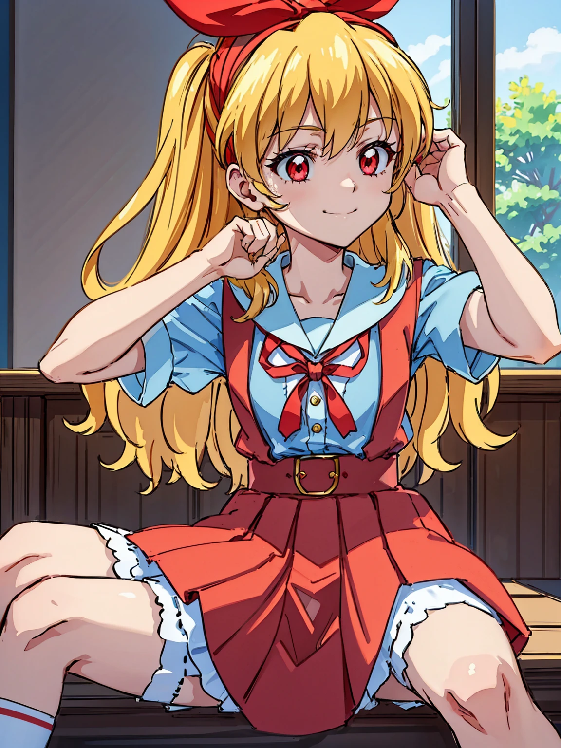 (red ribbon on hairband:1.2),（8K, best quality, muste piece:1.2)、ultra high resolution,1 very cute girl,hosimiya ichigo,ultra-detailed face, detailed eyes,RED eyes,,White sailor collar plain short sleeve shirt,light blue skirt,Light blue suspenders,uniform_red ribbon,Blonde Hair,long hair、detailed hand fingers,hand in own hair,smirk、sitting in a chair,desk in front of her,,classroom
