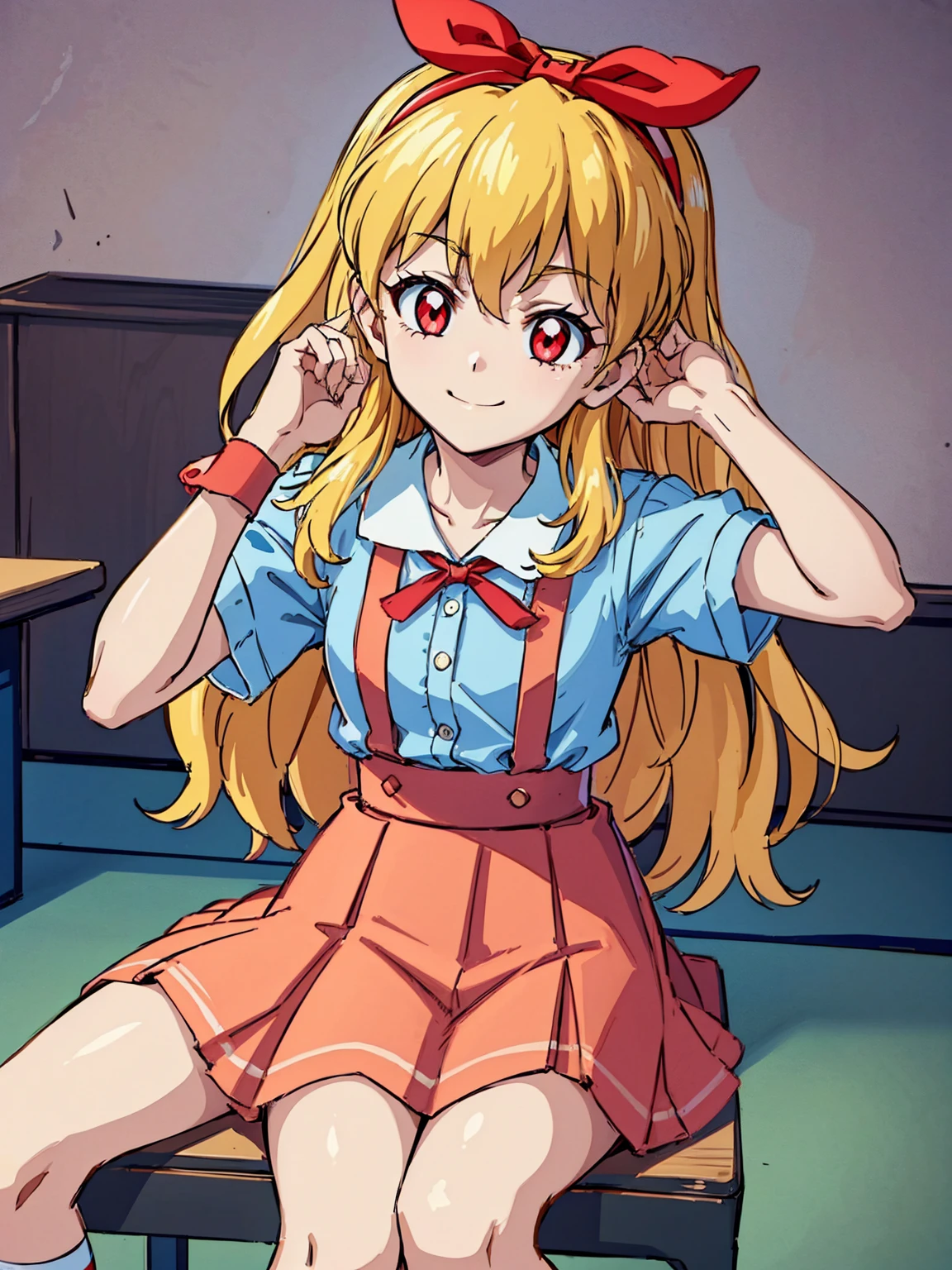 (red ribbon on hairband:1.2),（8K, best quality, muste piece:1.2)、ultra high resolution,1 very cute girl,hosimiya ichigo,ultra-detailed face, detailed eyes,RED eyes,,White sailor collar plain short sleeve shirt,light blue skirt,Light blue suspenders,uniform_red ribbon,Blonde Hair,long hair、detailed hand fingers,hand in own hair,smirk、sitting in a chair,desk in front of her,,classroom