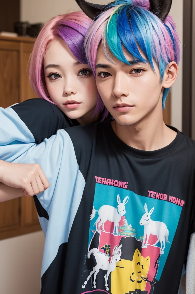 I want a boy with colorful hair and a donkey print shirt