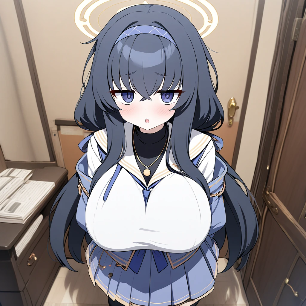ui(blue archive),1girl,solo,halo,super huge breasts,looking at viewer,near,standing up,in room