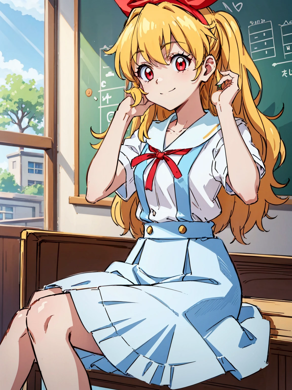 (red ribbon on hairband:1.2),(8K, best quality, muste piece:1.2)、ultra high resolution,1 very cute girl,hosimiya ichigo,ultra-detailed face, detailed eyes,RED eyes,,White sailor collar plain short sleeve shirt,light blue skirt,Light blue suspenders,uniform_red ribbon,Blonde Hair,long hair、detailed hand fingers,hand in own hair,smirk、sitting in a chair,desk in front of her,,classroom
