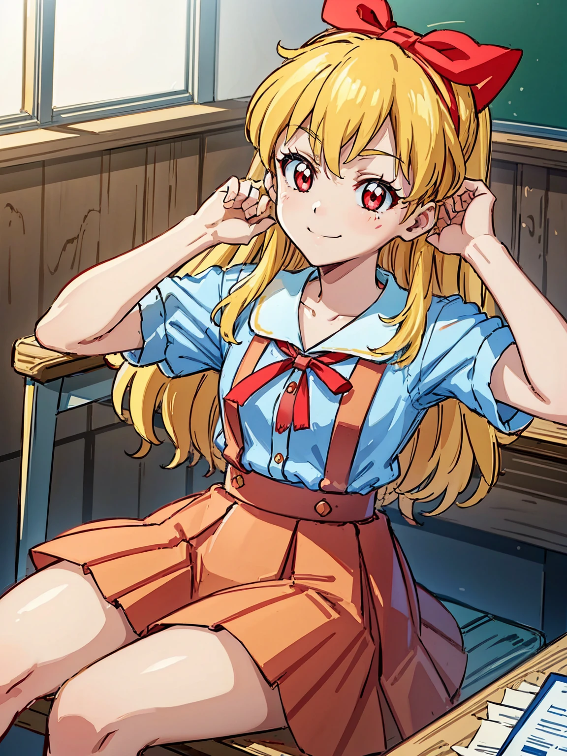 (red ribbon on hairband:1.2),（8K, best quality, muste piece:1.2)、ultra high resolution,1 very cute girl,hosimiya ichigo,ultra-detailed face, detailed eyes,RED eyes,,White sailor collar plain short sleeve shirt,light blue skirt,Light blue suspenders,uniform_red ribbon,Blonde Hair,long hair、detailed hand fingers,hand in own hair,smirk、sitting in a chair,desk in front of her,,classroom