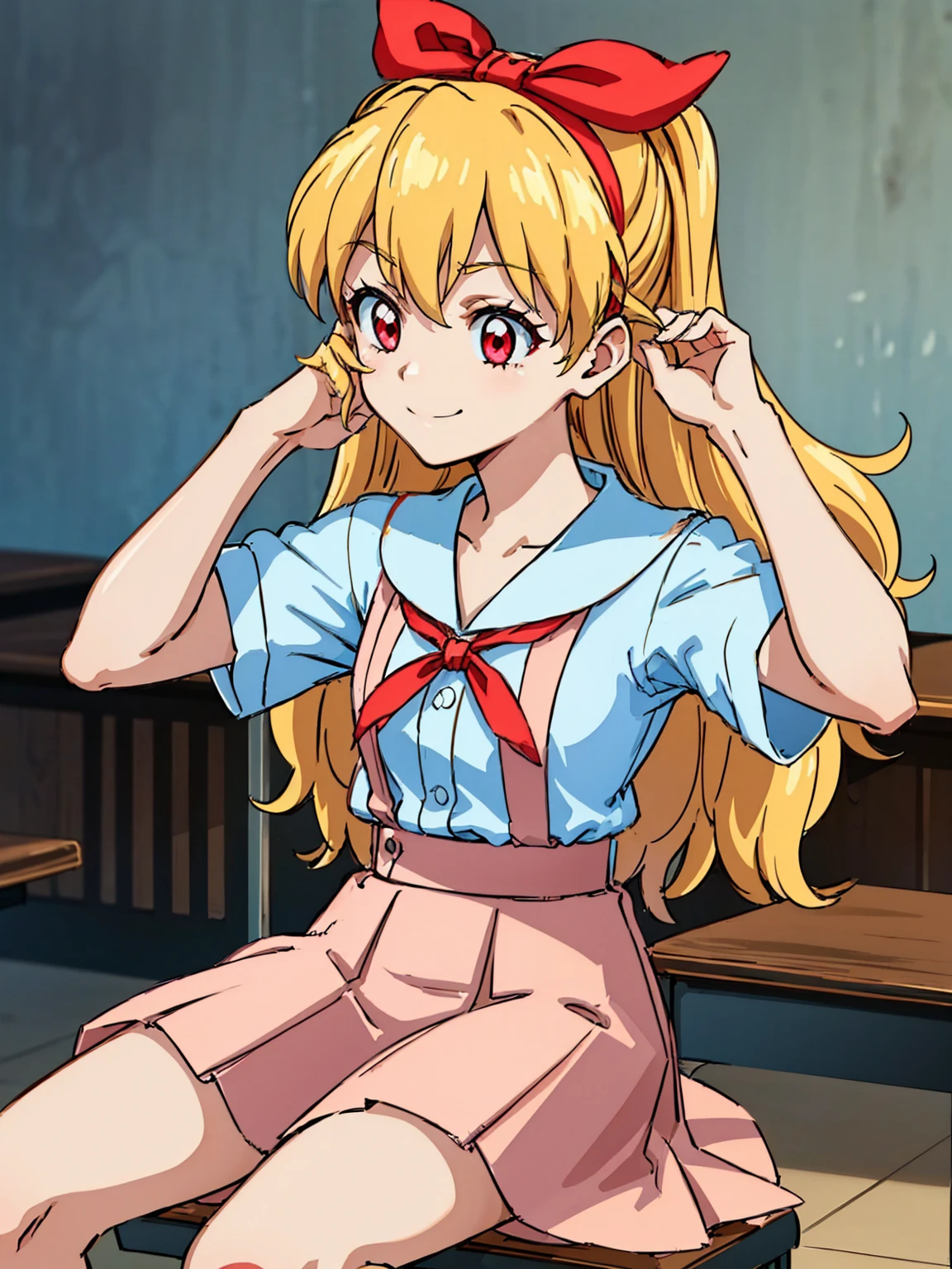 (red ribbon on hairband:1.2),(8K, best quality, muste piece:1.2)、ultra high resolution,1 very cute girl,hosimiya ichigo,ultra-detailed face, detailed eyes,RED eyes,,White sailor collar plain short sleeve shirt,light blue skirt,Light blue suspenders,uniform_red ribbon,Blonde Hair,long hair、detailed hand fingers,hand in own hair,smirk、sitting in a chair,desk in front of her,,classroom