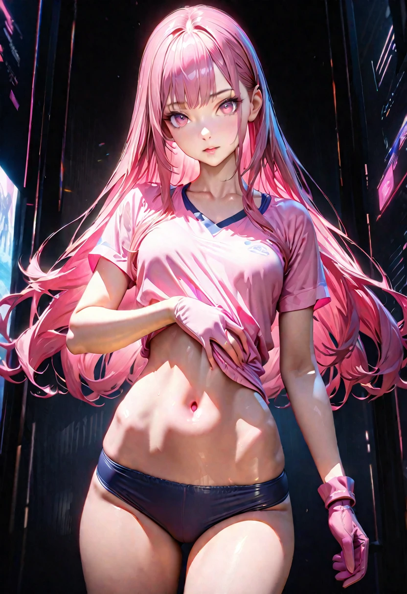 A young woman, pink hair, chest-length hair, straight hair, bangs, pink eyes and Lit up, medium height body, pink small t-shirt (crop top, short sleeves, u-neck), expose navel, pink small gloves, bottomless without panties, pink small boots, Genitals are tickled, UHD, ultra detailed, ultra realistic, best quality