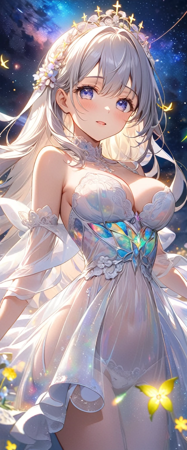 church, Brightly colored stained glass, Small faint lights and flying fireflies, night, Starry Sky, milky way, nebula, shooting star, Flowers, bird, Wind and Moon, Very delicate facial expressions, Delicate eye depiction, Upper body close-up, erotic, Only sexy women, Healthy body shape, bride, Height: 170cm, Large, firm, swaying bust, Colorful Tiaras, Long wedding dress with complex structure, Transparent colorful long wedding dress, Transparent frilled see-through long wedding dress, Extra long cape from head((Toddler girl)) ((5 ))((naked)) ((nsfw))Long Hair((See-through white baby doll(She lifts up her transparent skirt to reveal her crotch))((She opens her transparent chest to reveal her breasts.))((No panties))