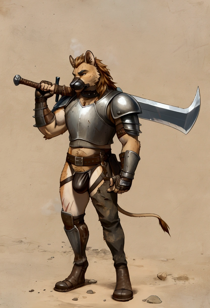 Solo Sexy young anthro furry black panthera male mercenary medieval solider, slim slim muscular, anthro handsome gay shorter muzzle, handsome gay model male apperance, sword scars, worn out leather skimpy armament, low on hips heavy leather belt, old very worn out skimpy dirty linen material jockstrap, old yellow dirty worn out stains on white sawn jockstrap, very visible "x" brown seam pattern on the jockstrap, studded skimpy armlets breastplate armor, skimpy breastplate, leather bondages, fingerless leather gloves, smelly unwashed furr, dirty body look, desert battlefield, standing in sexy fighting position, close view of full character