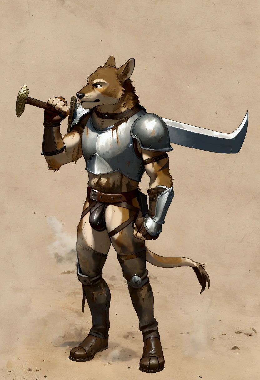 Solo Sexy young anthro furry black panthera male mercenary medieval solider, slim slim muscular, anthro handsome gay shorter muzzle, handsome gay model male apperance, sword scars, worn out leather skimpy armament, low on hips heavy leather belt, old very worn out skimpy dirty linen material jockstrap, old yellow dirty worn out stains on white sawn jockstrap, very visible "x" brown seam pattern on the jockstrap, studded skimpy armlets breastplate armor, skimpy breastplate, leather bondages, fingerless leather gloves, smelly unwashed furr, dirty body look, desert battlefield, standing in sexy fighting position, close view of full character