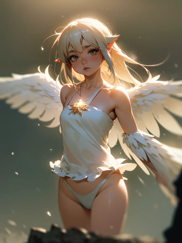 (Sumilux f1.4 24mm , low Latitude old color negative film , cross process , bokeh, flare, chromatic aberration , soft focus, (Shallow focus) , soft glow , Maximum aperture, High Key , Transparent depiction) , Wide angle , anime Harpy girl , kawaii round face , skinny body , Loose-fitting Halter neck , Many feathers fluttering down , clothed erotica , Opera singer pose , on the The peak of the rock , Strong winds , Cloaca , White excrement comes out