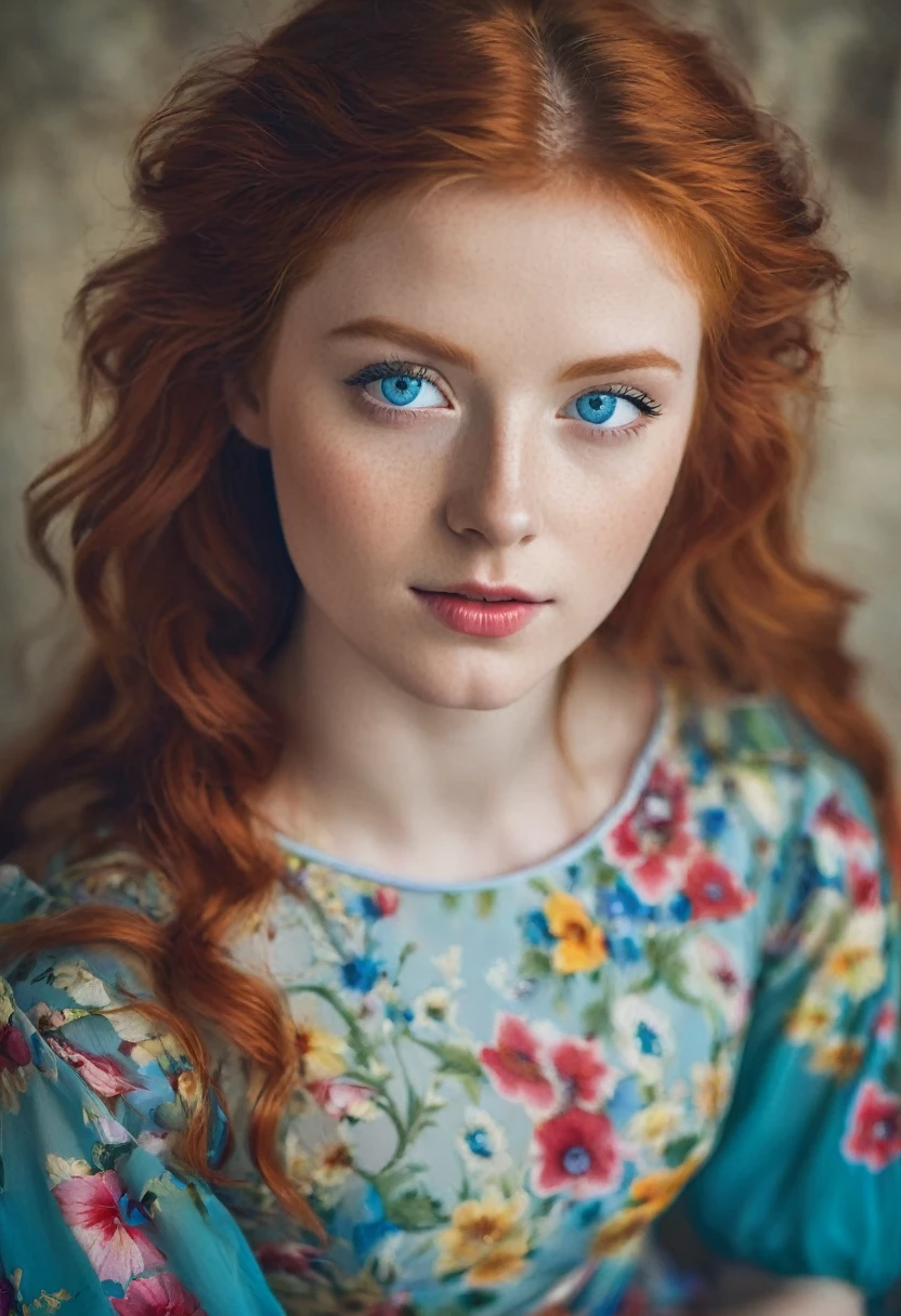 Red-haired girl with bright blue eyes and fair skin and flowery dress