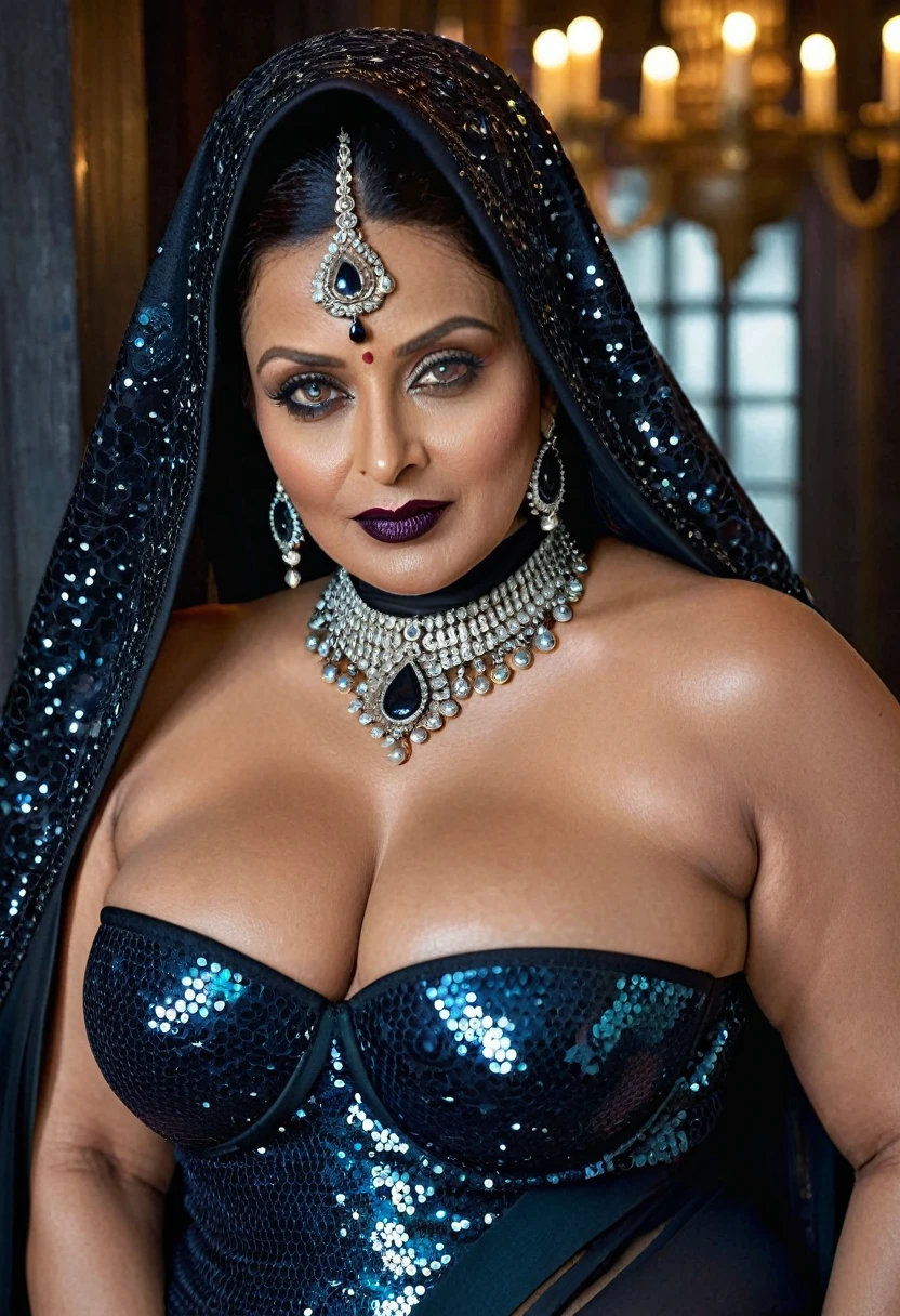 Looks like Aishwarya Rai, Big chubby aunty, milf, cougar lady witch, horny Gothic milf, 70 years old gorgeous mature lady, pervert demoness, demoness of lust, curvy, black lips, horny face, extremely gorgeous, thick figure, heavy physique, voluptuous, curvy, sexy figure, Fashionable portrait of androgynous alien looking witch wearing veil, glowing eyes, futuristic design, minimal details, givenchy, photoreal, 200mm, hd, f/ 2.0, highly detailed, surreal, sexy beautiful evil woman, sexy bold sequin Saree with strapless Bra, chudail, Pishachini, horror genre, blood-thirsty enchantress, powerful female spirit, eerie, drop dead, in the style of red and blue, (intricate details, hyperdetailed:1.15) (skin texture:1.2), dark Moody tone, cinematic lighting, haunted place in background,