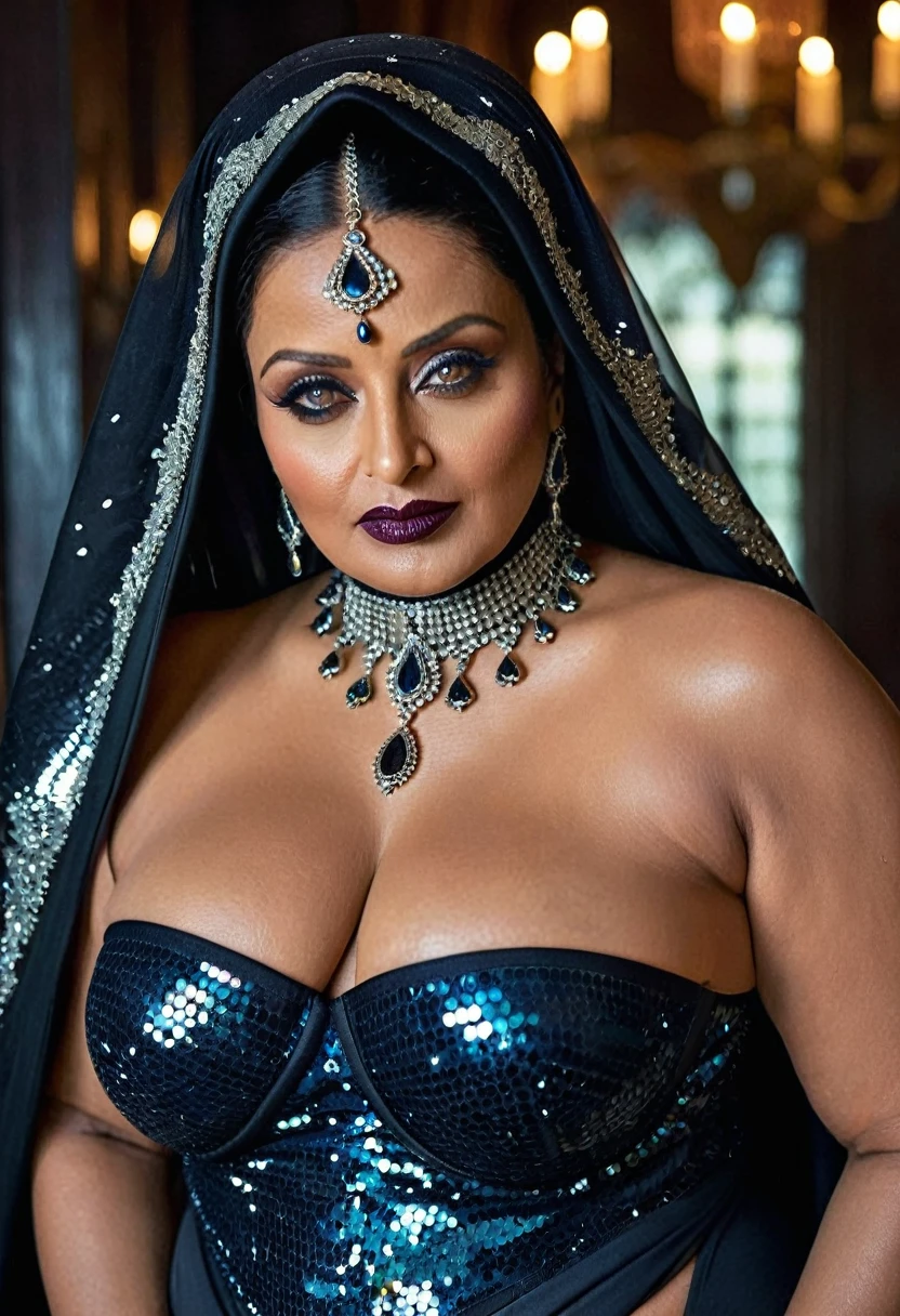 Looks like Aishwarya Rai, Big chubby aunty, milf, cougar lady witch, horny Gothic milf, 70 years old gorgeous mature lady, pervert demoness, demoness of lust, curvy, black lips, horny face, extremely gorgeous, thick figure, heavy physique, voluptuous, curvy, sexy figure, Fashionable portrait of androgynous alien looking witch wearing veil, glowing eyes, futuristic design, minimal details, givenchy, photoreal, 200mm, hd, f/ 2.0, highly detailed, surreal, sexy beautiful evil woman, sexy bold sequin Saree with strapless Bra, chudail, Pishachini, horror genre, blood-thirsty enchantress, powerful female spirit, eerie, drop dead, in the style of red and blue, (intricate details, hyperdetailed:1.15) (skin texture:1.2), dark Moody tone, cinematic lighting, haunted place in background,