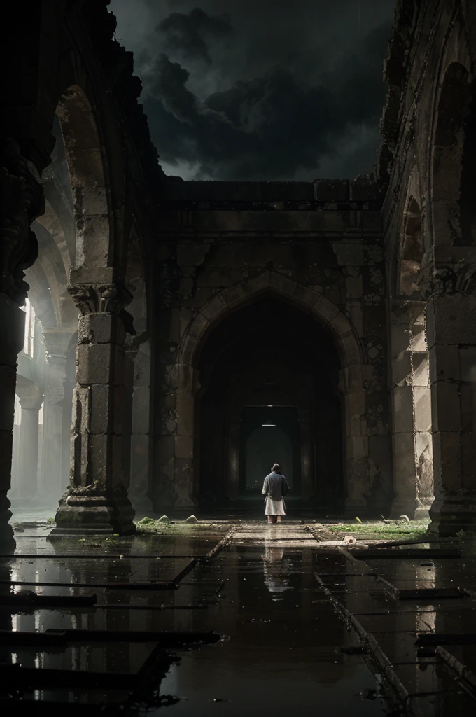 (Best Quality, masutepiece),( dark sky, Heavy rain, Inside the ruined temple, Low water stagnant water, ), Realistic background, mosque, light*_Black_Particle,