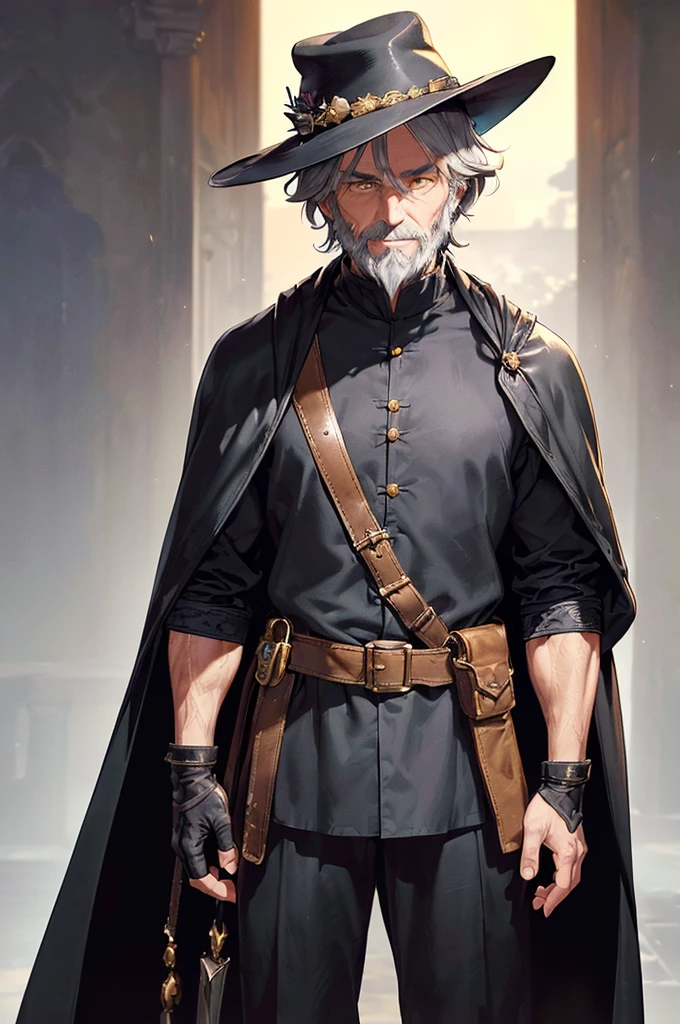 (((masterpiece; best quality: 1.2))), (finely detailed eyes: 1.3), (70 year old man), (solo), (yellow eyes: 1.4), (body; old, toned, masculine: 1.3), (grey hair and beard: 1.3), (beautiful and clear background: 1.2), ((depth of field)), (equipment: wanderer traveler dark attire + long dark robe + dark pants + dark wide-brimmed hat + dark gloves + dark cape + belt + pouches: 1.3), (anime illustration: 1.2), (background composition; royal garden: 1.1), (extremely fine and beautiful: 1.1), (shot composition; standing + centered on torso + close-up: 1.pression; calm, smile: 1.2)