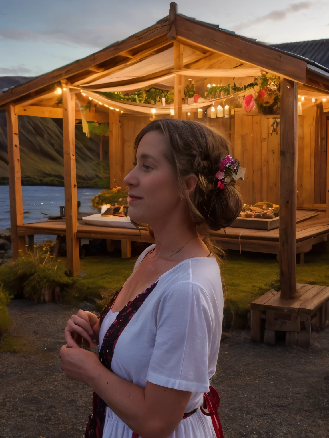 In Iceland, during the nostalgic 1950s, a Midsummer festival unfolds on a serene island surrounded by the Atlantic Ocean. The festivities take place in the garden of a traditional Icelandic turf house, its walls adorned with colorful Icelandic flags fluttering in the gentle breeze. In the background, the majestic silhouette of Snæfellsjökull volcano stands proudly against the evening sky.
The woman, embodying the charm of the era, wears a classic Icelandic "bunad" intricately embroidered with patterns inspired by Icelandic flora and fauna. Her hair is styled in victory rolls, adorned with a crown of wildflowers and a delicate lace veil, reflecting the elegance and modesty of 1950s Icelandic fashion.
Local villagers and visitors gather joyfully around a maypole adorned with ribbons in shades of blue, white, and red, symbolizing unity and tradition. The air is filled with the savory aroma of traditional Icelandic dishes such as hangikjöt (smoked lamb), rúgbrauð (dense rye bread), and kleinur (twisted doughnuts), served alongside glasses of homemade birch sap and herbal teas.
Inside the turf house, guests relax on handcrafted wooden furniture draped with sheepskin rugs, enjoying the warmth of a crackling fire and the soft glow of oil lamps casting shadows on walls adorned with woven tapestries and traditional Icelandic artwork.
In the distance, fishing boats named "Væntanlegur" and "Draumurinn" navigate the tranquil waters of the Atlantic Ocean, their sails catching the last rays of the midnight sun. Seabirds circle above, adding to the serene ambiance of this nostalgic 1950s Midsummer festival on the enchanting island of Iceland.