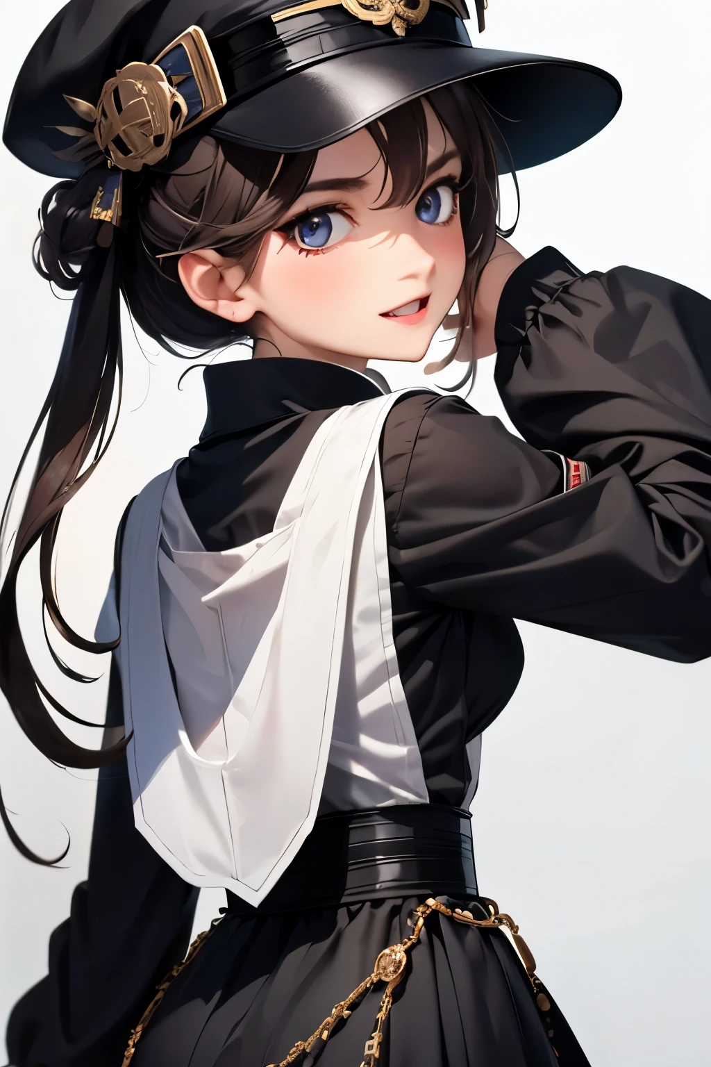 8620 (maitetsu),8620 (uniform),masterpiece, best quality, ultra-detailed, illustration,black dress,hat,looking back,:d,white background,((Eye highlights))