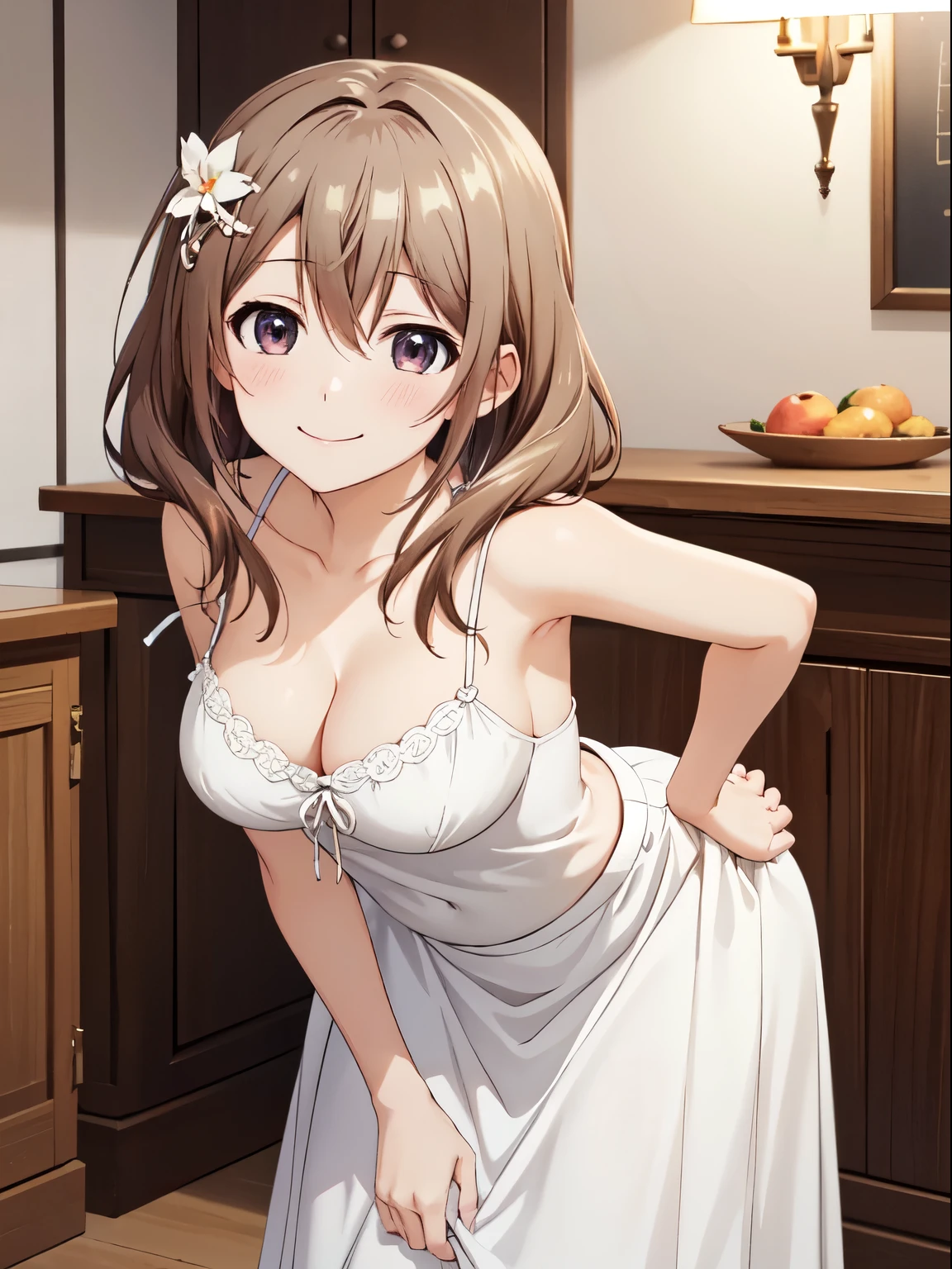 Highest quality, High resolution, 4K、smile、Anatomically correct、Shiori Katase,Place your hands behind your back、hair ornaments ,smile、Closed Mouth、camisole、Leaning forward、White long skirt、Absolute reference to the center、Cute no matter who looks at it、clavicle,Extremely detailed CG、High resolution、超High resolution, Perfect lighting, Extremely detailed CG、Physically Based Rendering)、Cute long skirt、Cleavage