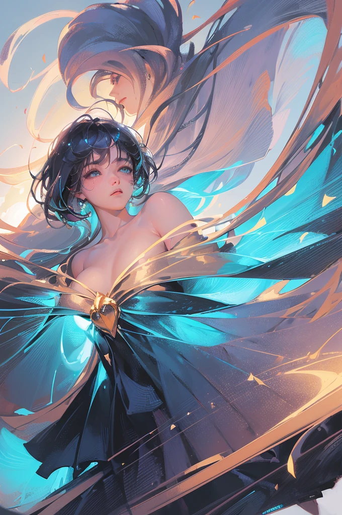 ((masterpiece, best quality)), Delicate face,goddess,cloud顶天宫,cloud,whole body,Long legs,Standing,dark skin,Perfect body proportions,Handsome short hair,Nice pink eyes,Fantasy style,Extremely beautiful,Pure white background,transparent,Large Breasts,nude,chain