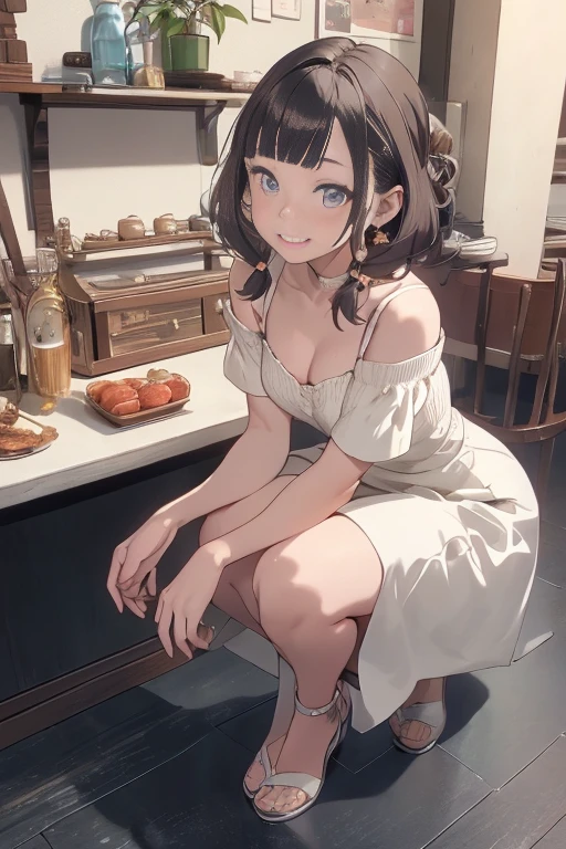 (((Masterpiece))),(((Super Detail))),(((in 8K))),(((best composition))),(((Rim lighting,Fireglow effect,deep shadow))),solo,(Hatsune Miku:1.0),Beautiful fingers,Detailed finger features,(Detailed hair features:1.7),(Dynamic and sexy bending pose:1.3),detailed facial features,detailed clothes features, (perky chest:1.1), (pointed chest:1.3), delicate beautiful face, Bright blue eyes, cute eyes, sparkling eyes, Big eyes, beautiful detailed eyes,double bun with glittering hair ornament,(super detailed glossy skin:1.3),slender body,tits,goddess smile,((with sparkling eyes and a contagious smile)),beautiful posture,have a cup of coffee,black hair, red eyes, dress, bare shoulders, jewelry, collarbone, sidelocks, hairband, earrings, indoors, off shoulder, sweater, arms behind back, plant, short hair with long locks, white hairband, off-shoulder dress, sweater dress, off-shoulder sweater, red sweater, big side hair, very long side hair,(super delicate floral pattern:1.2),seductive cleavage:1.3,beautiful glossy legs,shiny red high heels,lifting dishes with cakesd,french restaurant,hustle and bustle,rising steam,(((depth of fields)))
