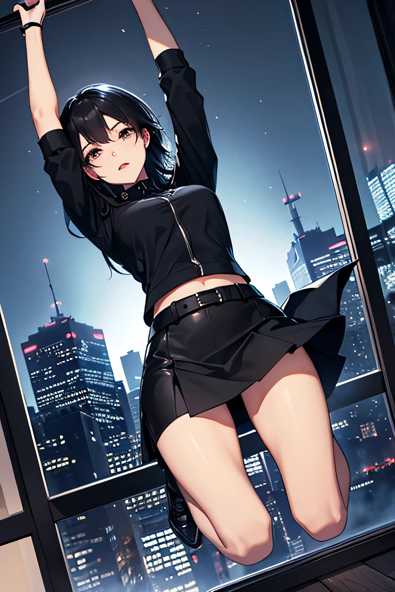 A woman tries to escape by jumping out of a window with city lights at night in the background。Black Hair。Black clothes。Ultra mini skirt in leather。Wide-angle angle。