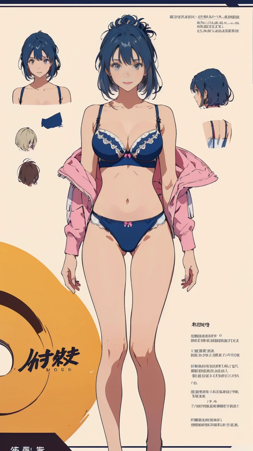 ((masterpiece)), (((Highest quality))), ((Reference Sheet, Character Design)), Highest quality, masterpiece, Ultra-high resolution, Original photo, Ultra-high resolution, Three beautiful women, RIXIA_MAO, navy blue hair, Big smile, Wearing a white and pink lace bra, Wearing white and pink lace panties, (elaborately designed luxury panties for adults, panties high definition images, draw panties with super precision), (((threads of the seams for panties crotch is visible))), stitch of panties is visible