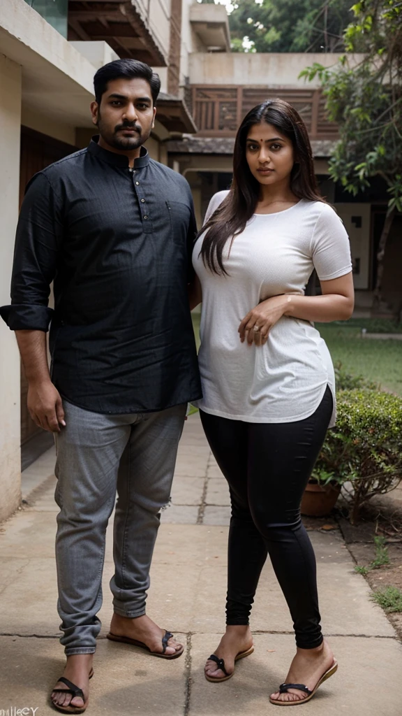 Indian married couple, man and woman, short woman with long hair, big breasts, big hip, big ass, thick curvy, 30 years indian tall man buzz cut wearing shirt and jeans, woman wearing black kurti and leggings, Couple, sexy face, detailed.