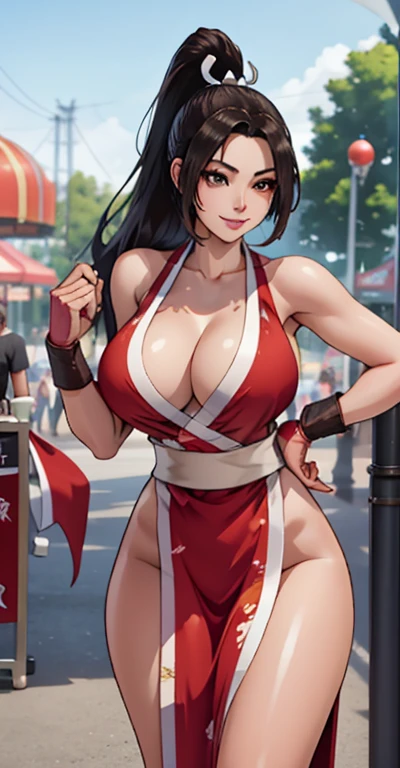 (Mai Shiranui), she is showing her side, She's on her side for the viewer,__body parts__, official art, 8k unit wallpaper, ultra detailed, beautiful, masterpiece, Super fine photo, high quality, super tall resolution, photorealistic, sunlight, smile, elegant dress, jewelry, in Birthday , amusement park, beautiful, highly detailed skin, realistic skin details, visible pores, sharp focus, digital SLR camera,