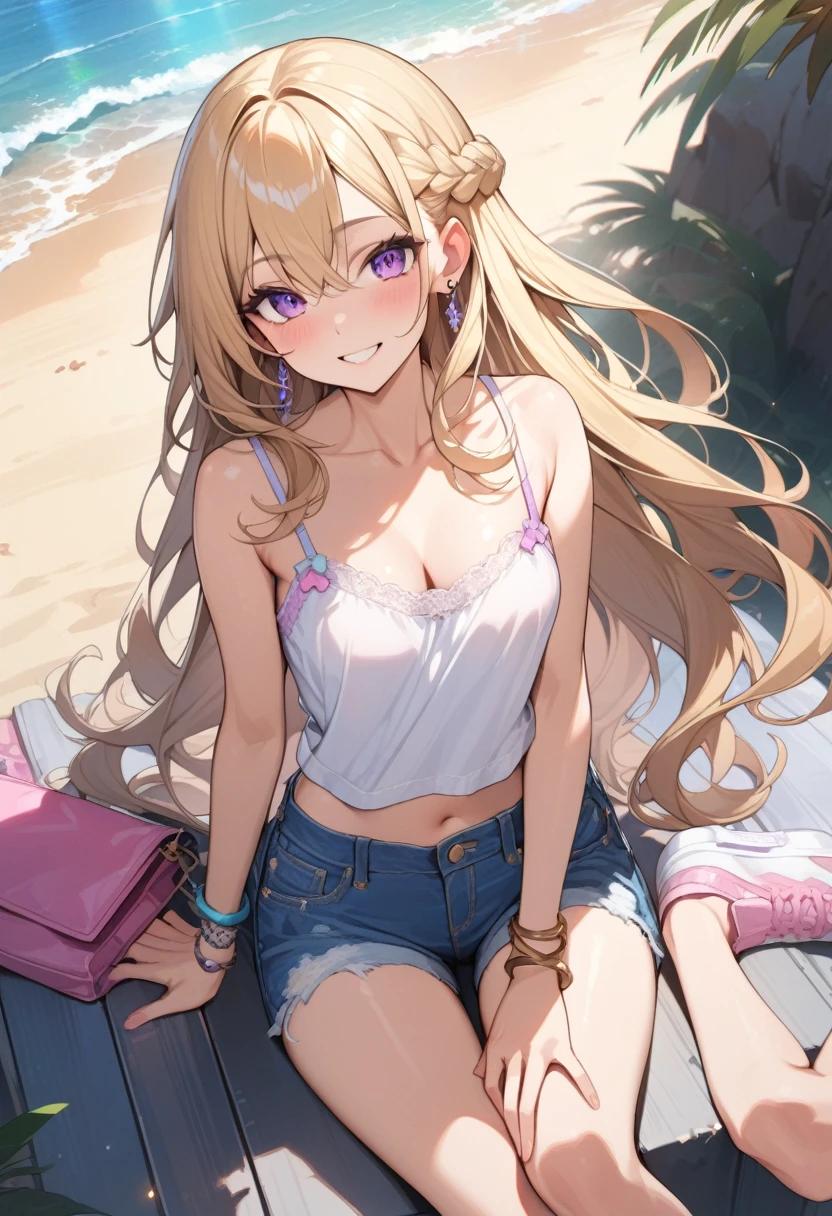 masterpiece, best quality, extremely detailed, ultra detailed, flat anime, 2D,
1girl, (young adult:1.2),blonde hair, (semi-long hair:1.2), curly hair, french braid,medium breasts, tsurime, purple eyes,earring,bracelet,height 1.7meters, 
smile, pink sneaker, denim shorts, camisole, beach bag,
{{happy}}, (dynamic:1.7), (full body:1.7), outdoors, summer