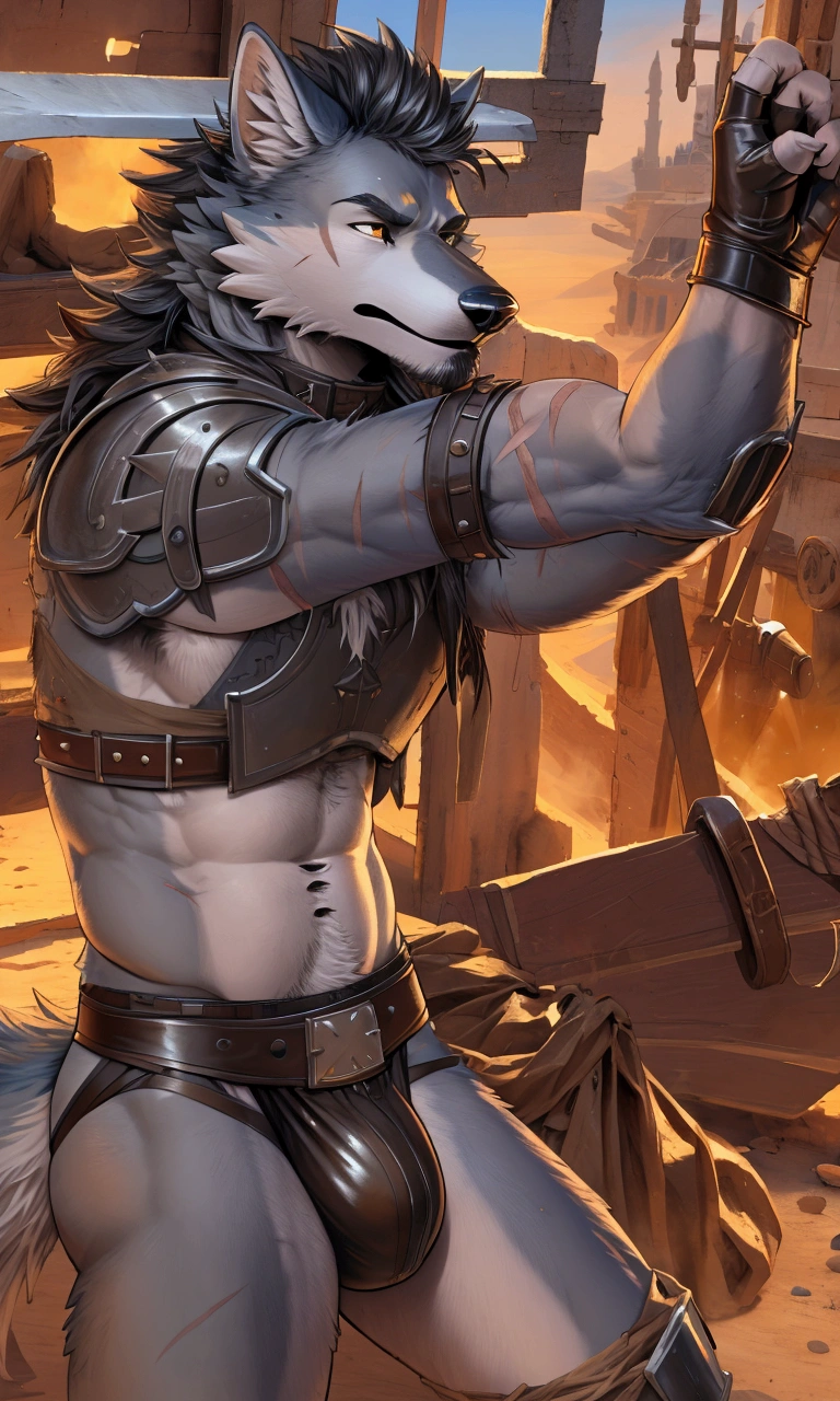 Solo Sexy young anthro furry wolf male mercenary medieval solider, slim slim muscular, anthro handsome gay shorter muzzle, handsome gay model male apperance, sword scars, worn out leather skimpy armament, low on hips heavy leather belt, old very worn out skimpy dirty linen material jockstrap, old yellow dirty worn out stains on white sawn jockstrap, very visible "x" brown seam pattern on the jockstrap, studded skimpy armlets breastplate armor, skimpy breastplate, leather bondages, fingerless leather gloves, smelly unwashed furr, dirty body look, desert battlefield, standing in sexy fighting position, close view of full character