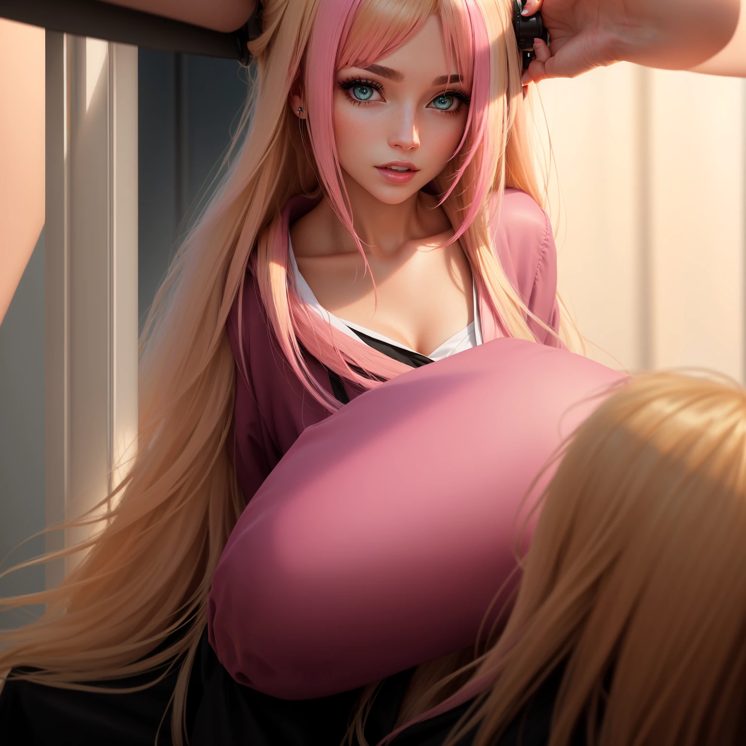 Best picture quality, 8K, tmasterpiece:1.3)),  Beautiful woman with slender abs:1.3, (Casual hairstyle, Leaky big breasts:1.2), hands tied behind her back, shift dresses:1.1, Ultra-fine face, pink rose hair, ((underboob)),A detailed eye, double eyelid，(BDSM:1.3)，Transparent swimsuit at home, and its fullness, Wet clothes, hyper HD, Masterpiece, High details, High quality, Massut works of the highest quality, of the highest quality, hyper HD, max res, Very detailed, Clean skin, アニメ, full body, slender, Very cute, , Braided hair, lying down, wide open legs, Raised Legs, Erotic lingerie, half-shedding clothes, Half flows down, Wet clothes,, Clothing visible at the tip of the chest, Sweat, Light clothes, clothes with a see-through tummy, underbust, Embarrassed, Blushing, kneeling, sideviewblowjob, sitting on her knees, spread thighs, hands tied behind, sexy pose, kneeling, sexy maid dress, eye contact with a man above her, a man standing above her, (looking up at a man:1.6), intense eye contact