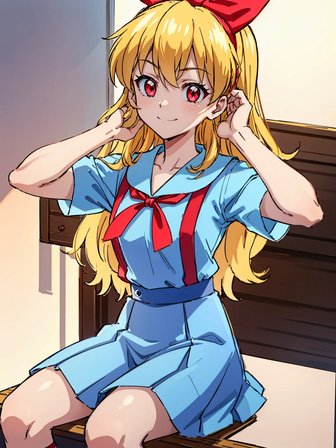(red ribbon on hairband:1.2),(8K, best quality, muste piece:1.2)、ultra high resolution,1 very cute girl,hosimiya ichigo,ultra-detailed face, detailed eyes,RED eyes,,White sailor collar plain short sleeve shirt,light blue skirt,Light blue suspenders,uniform_red ribbon,Blonde Hair,long hair、detailed hand fingers,hand in own hair,smirk、sitting in a chair,desk in front of her,,classroom