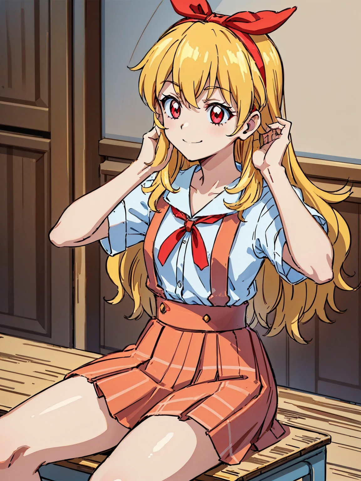 (red ribbon on hairband:1.2),(8K, best quality, muste piece:1.2)、ultra high resolution,1 very cute girl,hosimiya ichigo,ultra-detailed face, detailed eyes,RED eyes,,White sailor collar plain short sleeve shirt,light blue skirt,Light blue suspenders,uniform_red ribbon,Blonde Hair,long hair、detailed hand fingers,hand in own hair,smirk、sitting in a chair,desk in front of her,,classroom