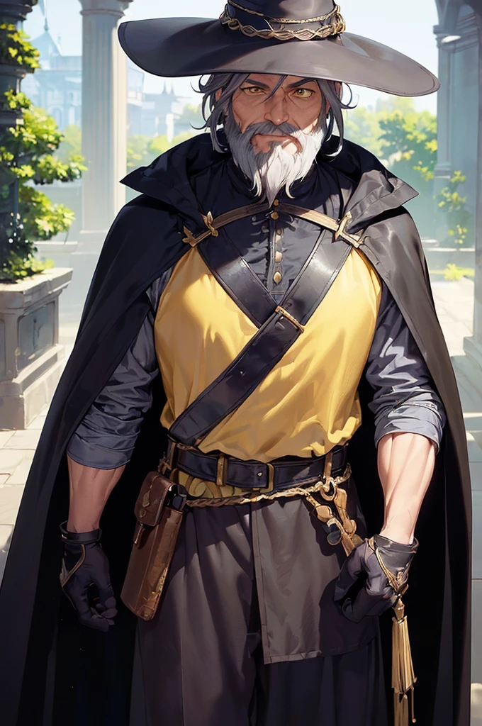 (((masterpiece; best quality: 1.2))), (finely detailed eyes: 1.3), (70 year old man), (solo), (yellow eyes: 1.4), (body; old, toned, masculine: 1.3), (grey hair and beard: 1.3), (beautiful and clear background: 1.2), ((depth of field)), (equipment: wanderer traveler dark attire + long dark robe + dark pants + dark wide-brimmed hat + dark gloves + dark cape + belt + pouches: 1.3), (anime illustration: 1.2), (background composition; royal garden: 1.1), (extremely fine and beautiful: 1.1), (shot composition; standing + centered on torso + close-up: 1.5), (expression; calm, smile: 1.2)