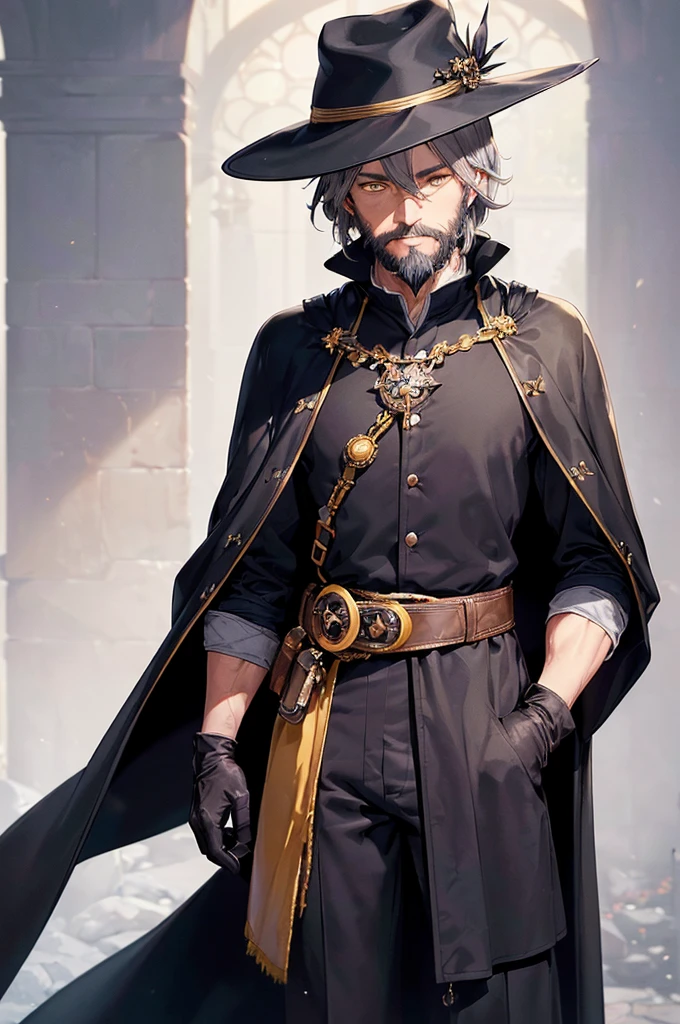 (((masterpiece; best quality: 1.2))), (finely detailed eyes: 1.3), (70 year old man), (solo), (yellow eyes: 1.4), (body; old, toned, masculine: 1.3), (grey hair and beard: 1.3), (beautiful and clear background: 1.2), ((depth of field)), (equipment: wanderer traveler dark attire + long dark robe + dark pants + dark wide-brimmed hat + dark gloves + dark cape + belt + pouches: 1.3), (anime illustration: 1.2), (background composition; royal garden: 1.1), (extremely fine and beautiful: 1.1), (shot composition; standing + centered on torso + close-up: 1.5), (expression; calm, smile: 1.2)