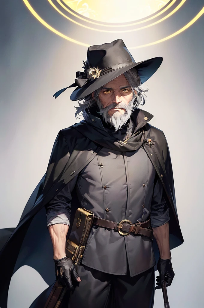 (((masterpiece; best quality: 1.2))), (finely detailed eyes: 1.3), (70 year old man), (solo), (yellow eyes: 1.4), (body; old, toned, masculine: 1.3), (grey hair and beard: 1.3), (beautiful and clear background: 1.2), ((depth of field)), (equipment: wanderer traveler dark attire + long dark robe + dark pants + dark wide-brimmed hat + dark gloves + dark cape + belt + pouches: 1.3), (anime illustration: 1.2), (background composition; royal garden: 1.1), (extremely fine and beautiful: 1.1), (shot composition; standing + centered on torso + close-up: 1.5), (expression; calm, smile: 1.2)