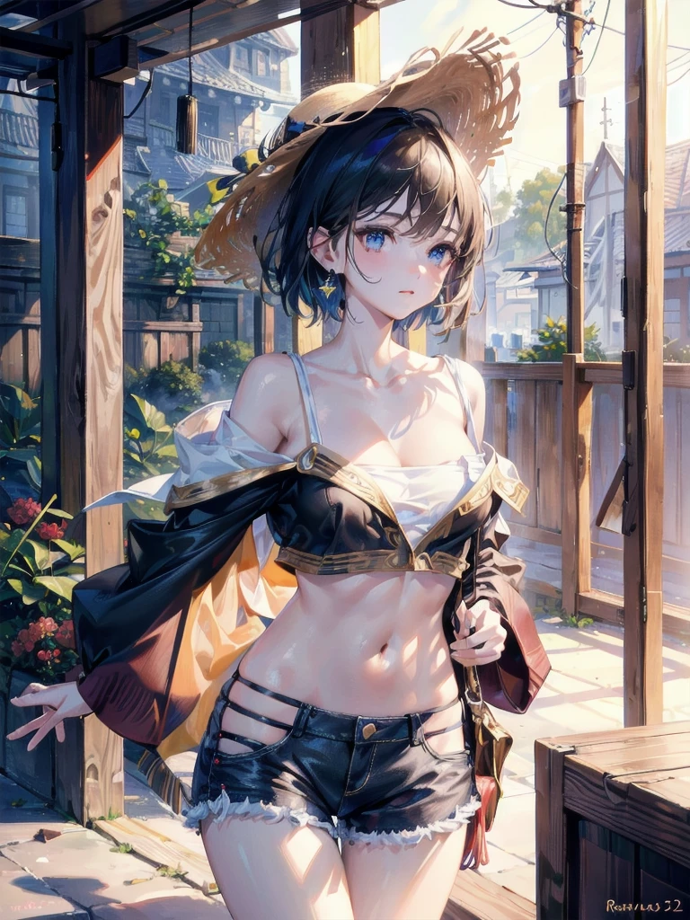 absurdres, RAW photo, extremely delicate and beautiful, masterpiece, Best Quality, ultra high resolution, 32k, hyperrealistic, ultra-detailed, perfect anatomy, super Detailed skin, perfect figure, Super Beauty, Perfect Style, Perfect balance, Beautiful Lighting, Perfect Lightning, Realistic Shadows, 20 years old, very Slim body, narrow waist, very small head, very small face, delicate facial features, handsome detailed woman, very detailed eyes and face, realistic face proportions, Realistic beautiful face, Realistic beautiful eyes, tearful mole, earring, very huge round breasts, legs, medium hair, whole body shot, indoor, blouse, off-shoulder, midriff, shorts, straw hat,