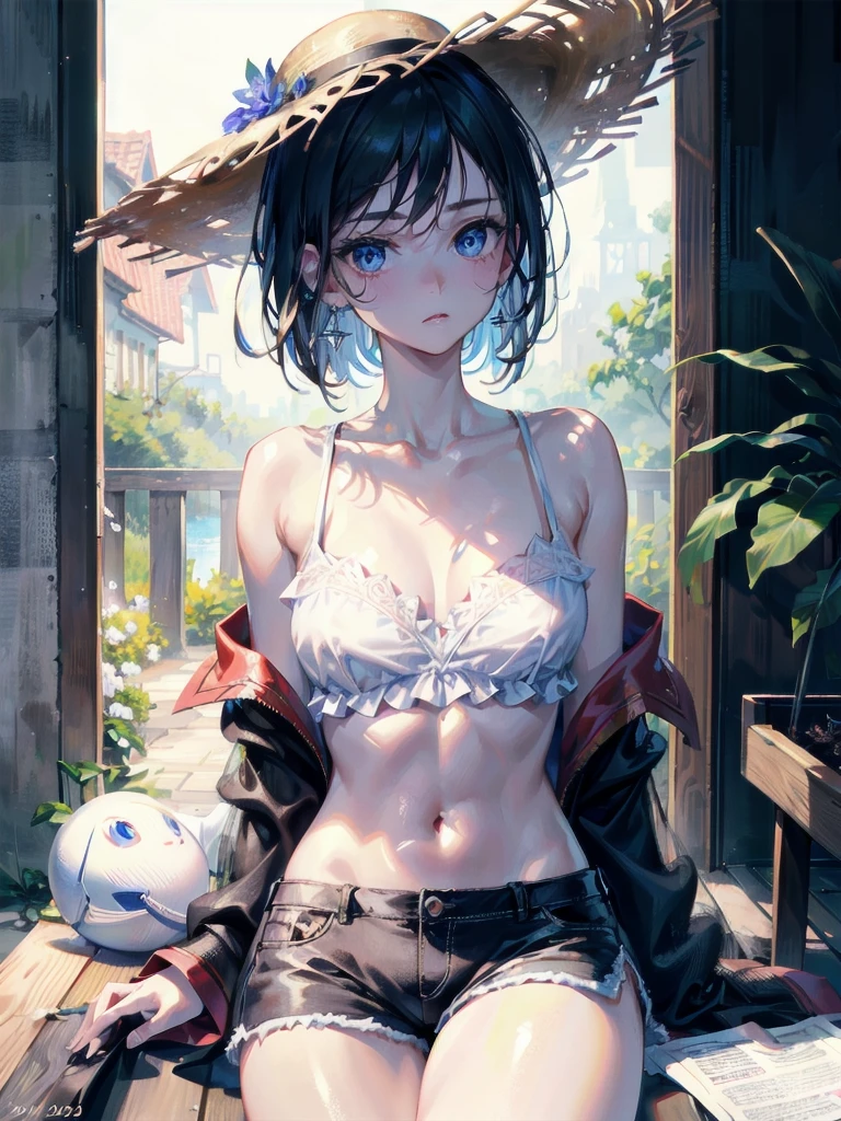 absurdres, RAW photo, extremely delicate and beautiful, masterpiece, Best Quality, ultra high resolution, 32k, hyperrealistic, ultra-detailed, perfect figure, in her 20s, very small head, very small face, delicate facial features, tearful mole, earring, very huge breasts, bare legs, full body shot, medium hair, black hair, colored inner hair, casual, blouse, white shirt, buttoned shirt, bare shoulders, collarbone, navel, shorts, straw hat,