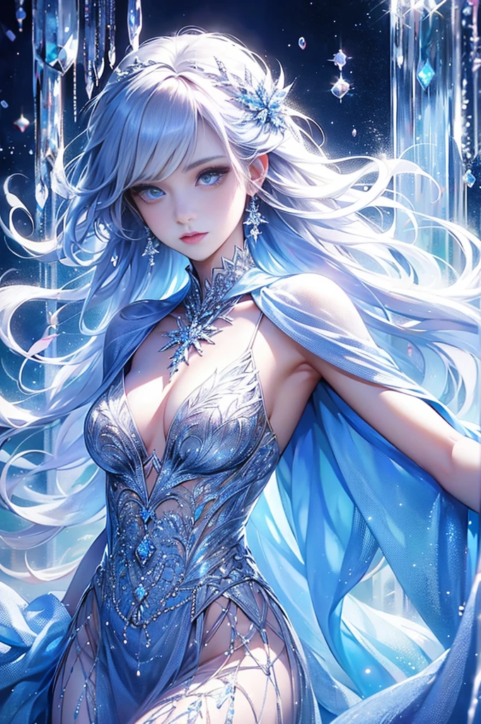 wood, Exquisite mini ice spikes and crystals, A frozen waterfall in the background, Light reflected by ice crystals, Flowing snowflakes、pretty girl,Small and beautiful breasts,Beautiful cleavage、Crystal Dress
