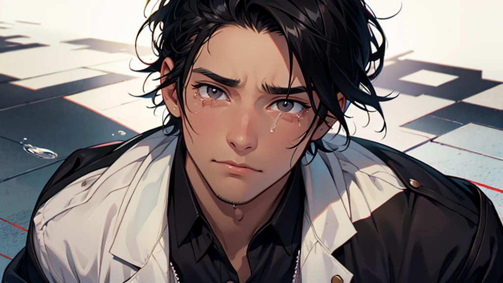 young man with black hair eyes with tears