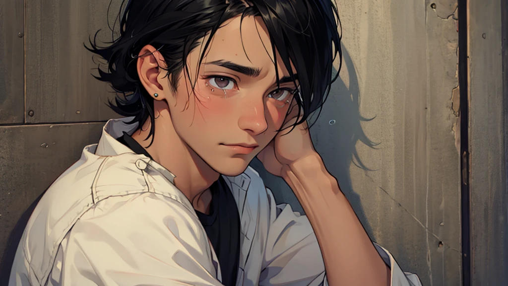 young man with black hair eyes with tears